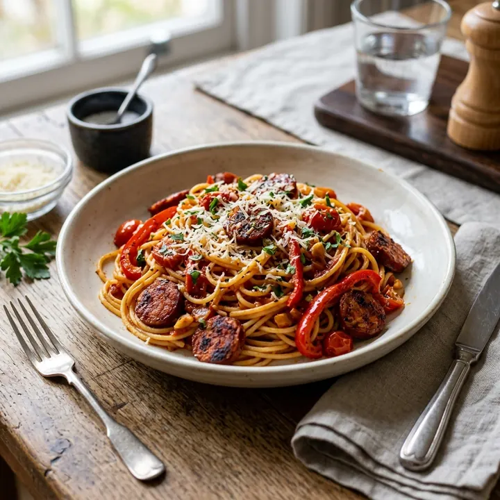 Spaghetti met chorizo, paprika en parmezaan