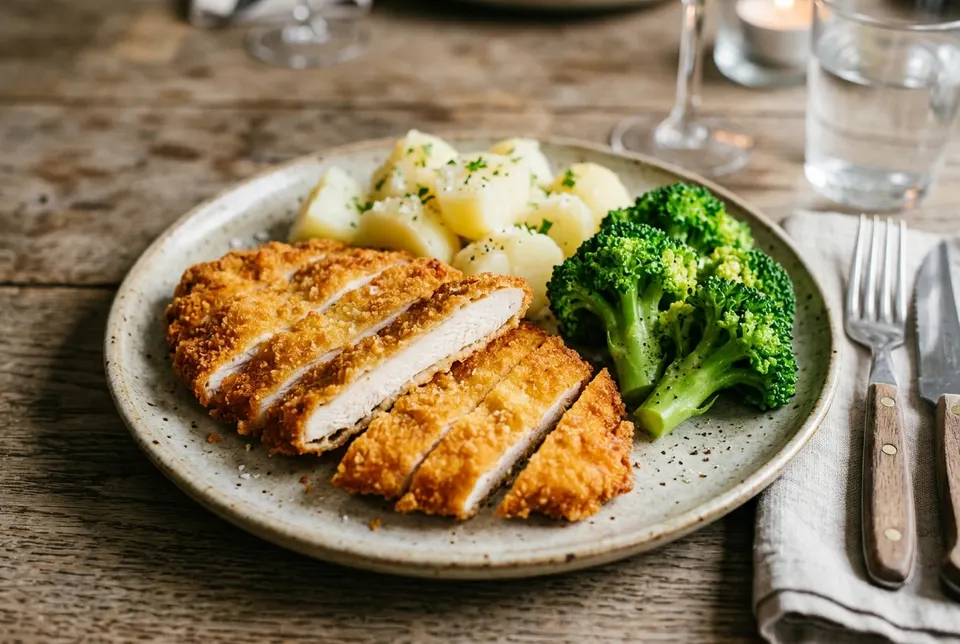 Kipschnitzel met aardappelen, broccoli en snelle panjus