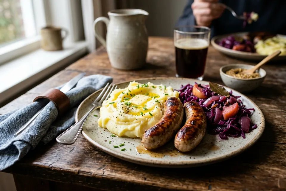 Aardappelpuree met braadworst en rode kool met appel
