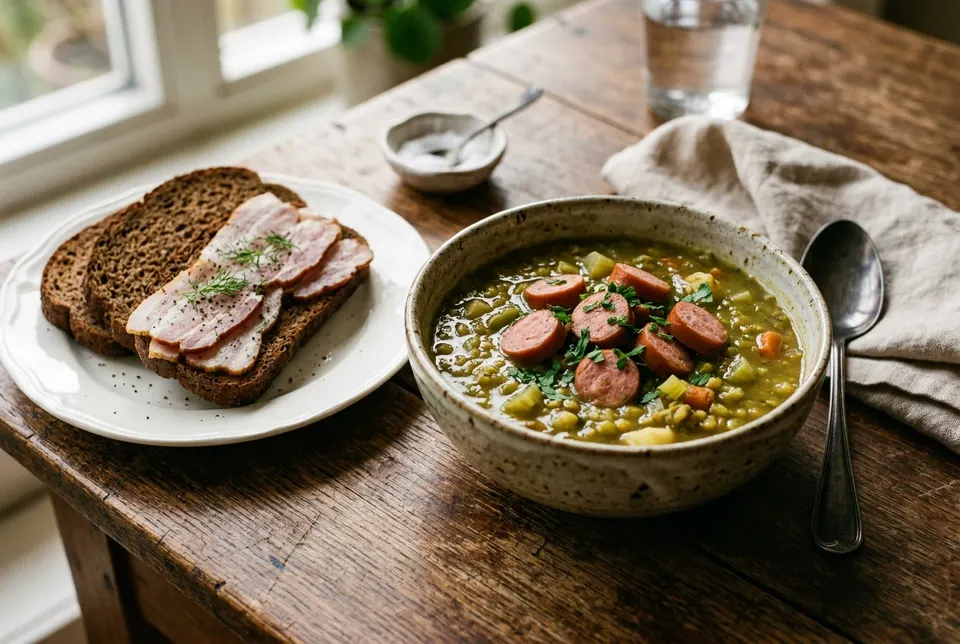 Erwtensoep met roggebrood en katenspek