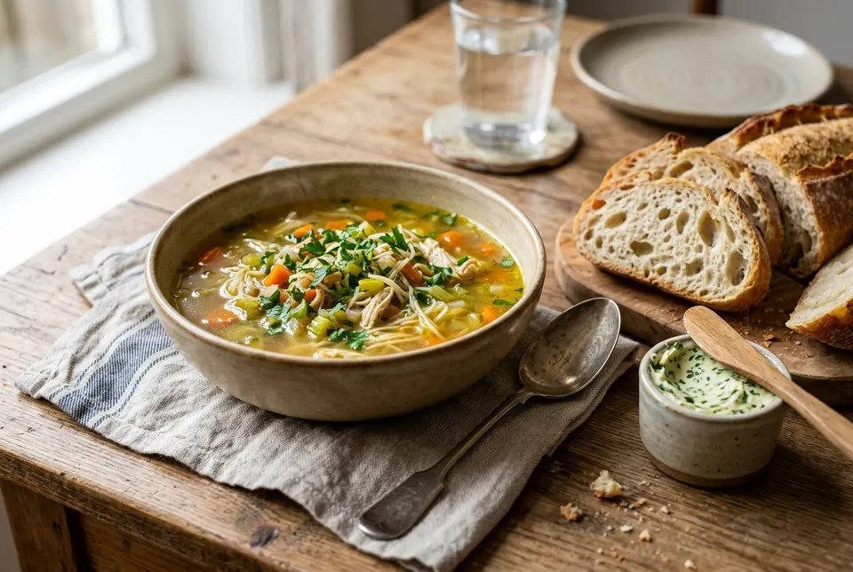 Kippensoep met stokbrood en kruidenboter