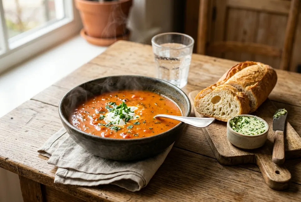 Tomatensoep met kaas-kruidenbrood