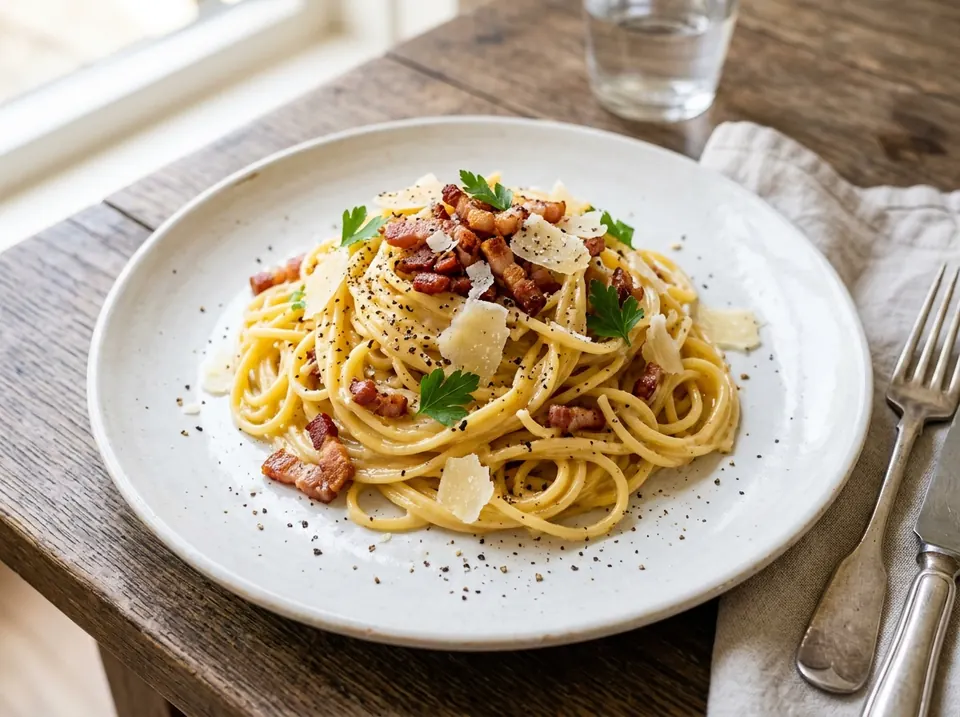 Pasta carbonara-stijl met spekreepjes