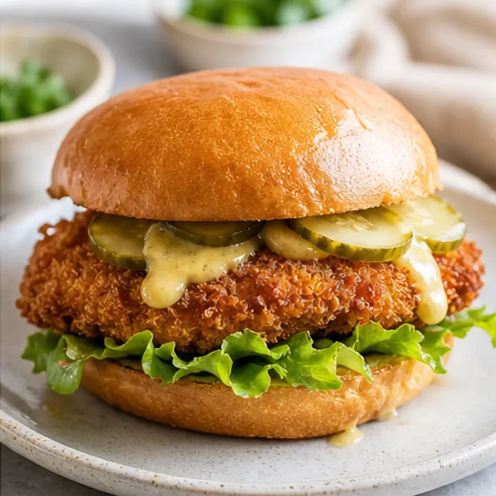 Panko-kipburger met kippendij, augurk en honing-mosterdmayo